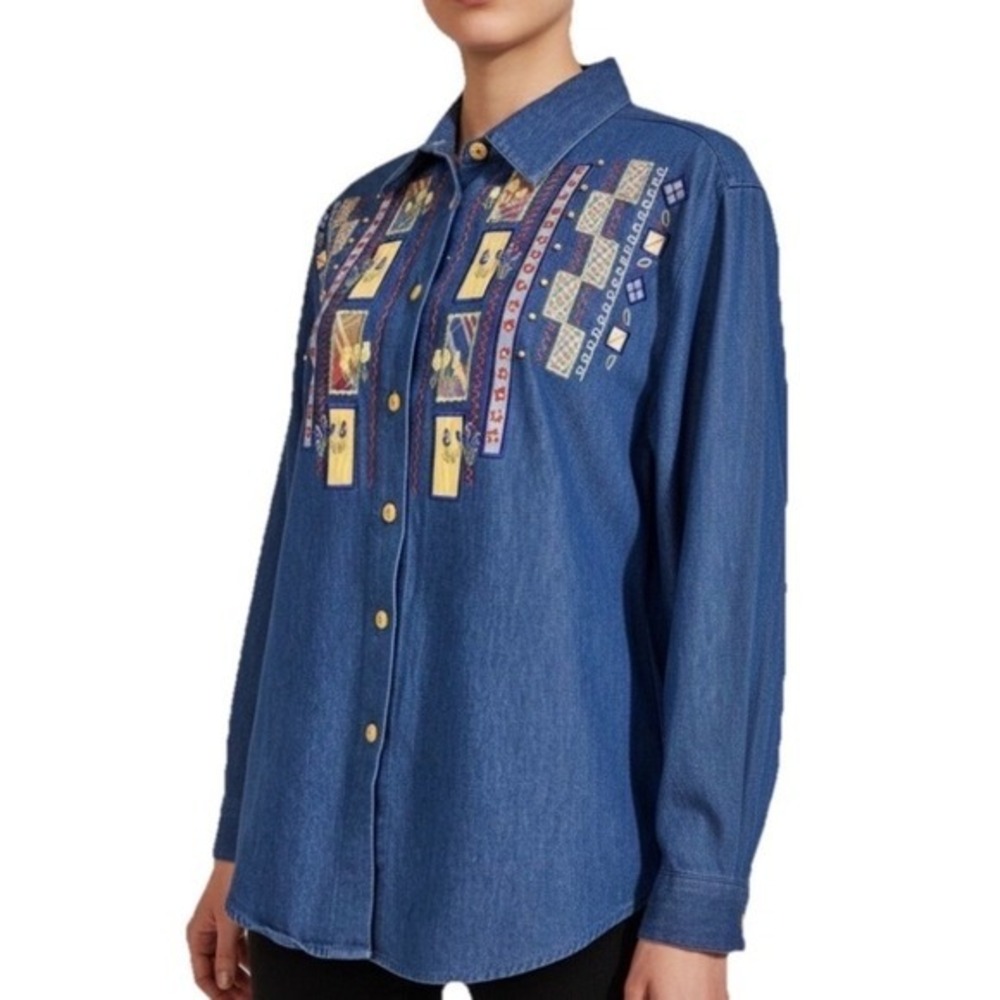 Koret City Blues Denim Shirt Women Large Blue Embroidered Button Down‎ Cotton
